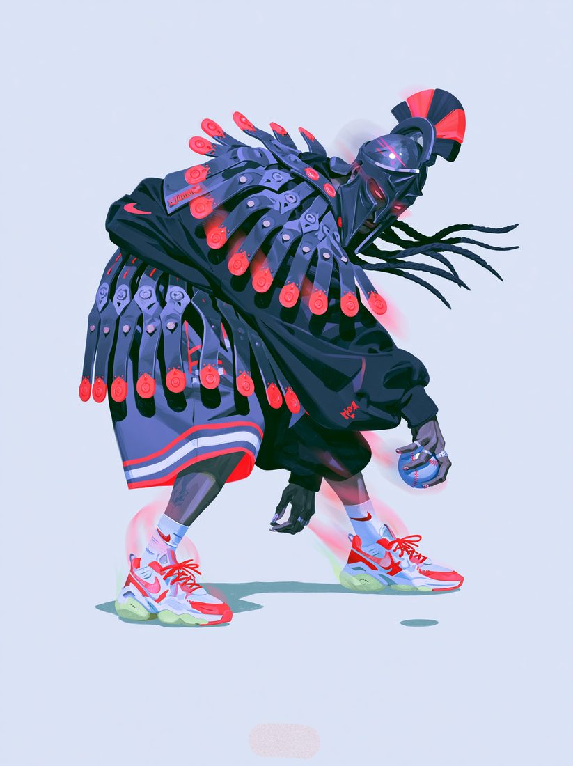 Crouching feathered character in navy, pink and violet with striped footwear.