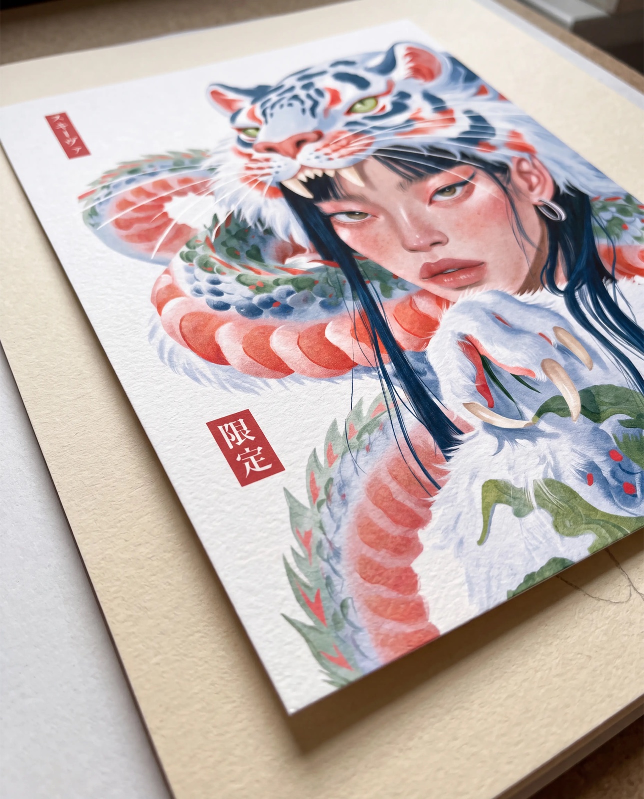 Neo Ukiyo-e artwork: a woman in a white tiger headdress, surrounded by a curling dragon.
