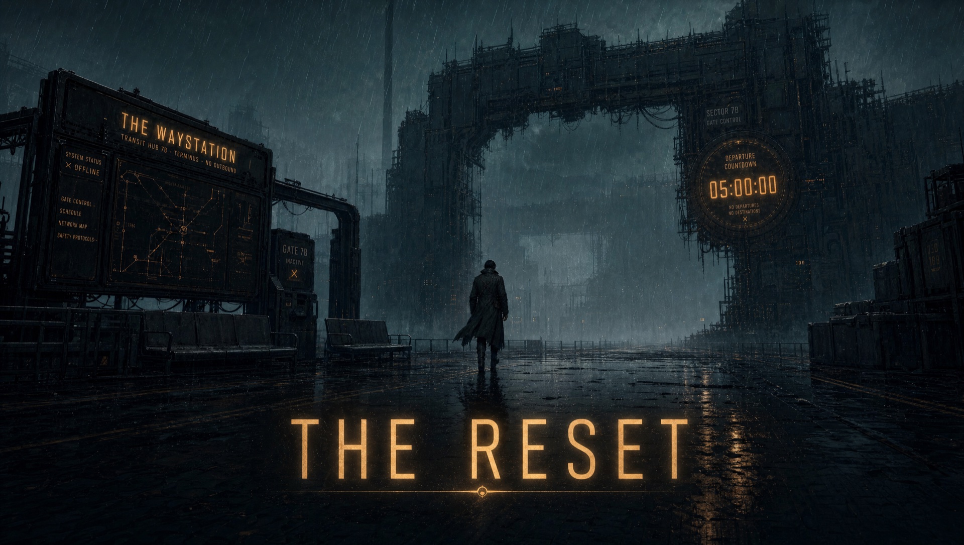 THE RESET: a lone figure at a monumental threshold below a countdown.