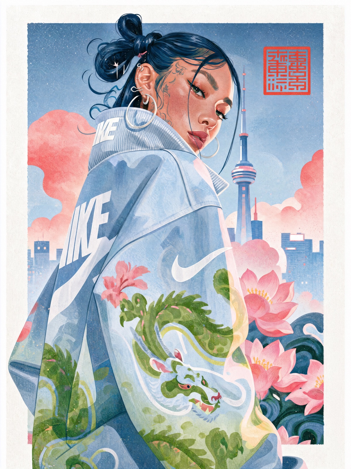 Illustrated woman looking over a pale blue streetwear jacket with dragon embroidery, against a skyline and pink clouds.