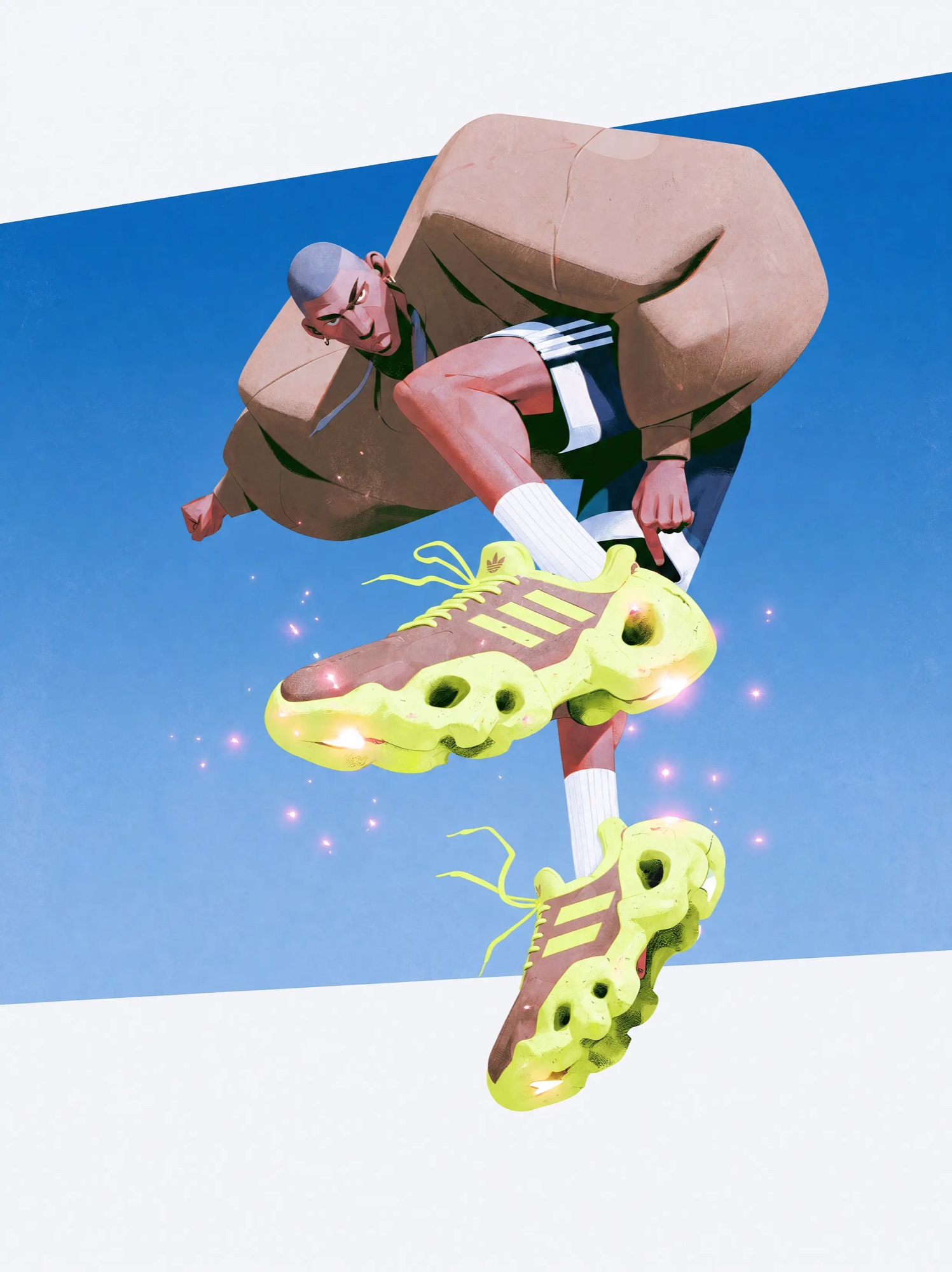 Airborne figure wearing a brown voluminous garment, shorts and oversized lime footwear.