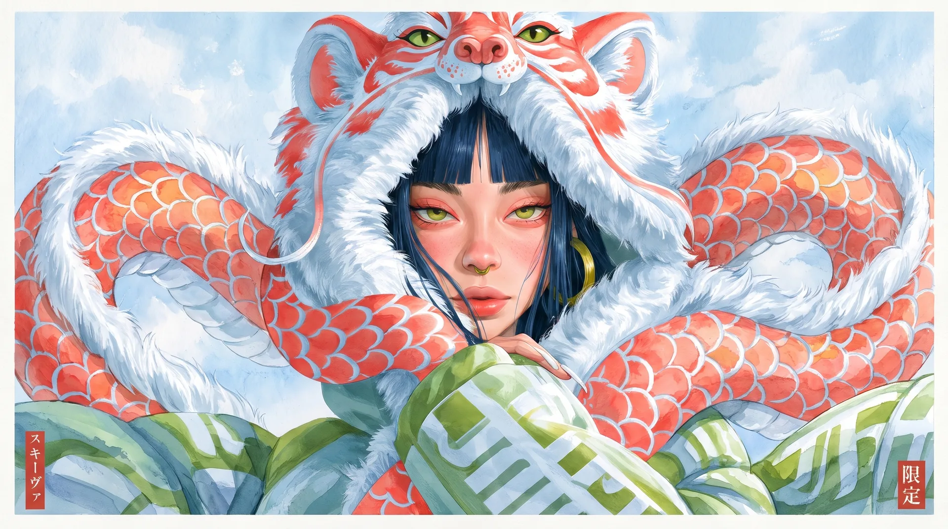 Koi-Scale Hood: a woman under a snarling white tiger hood, a dragon coiling through her long dark hair.
